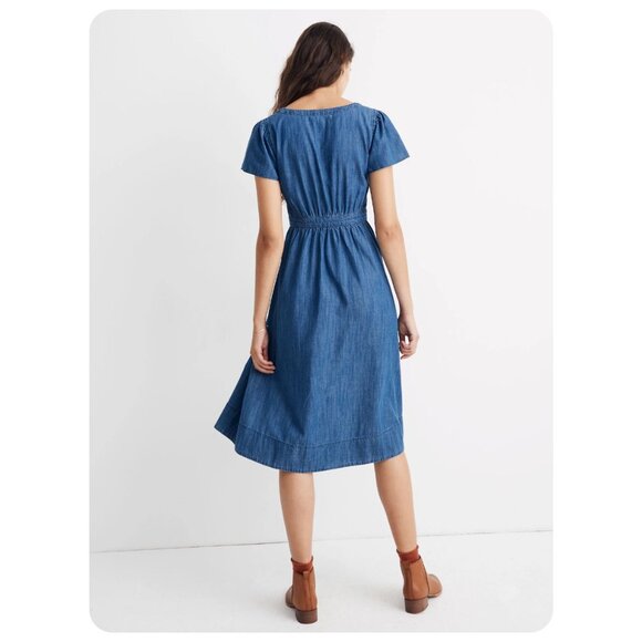 Madewell Denim Pleat-Waist Button Front Short Sleeve Midi Dress sz 8 - Picture 3 of 8